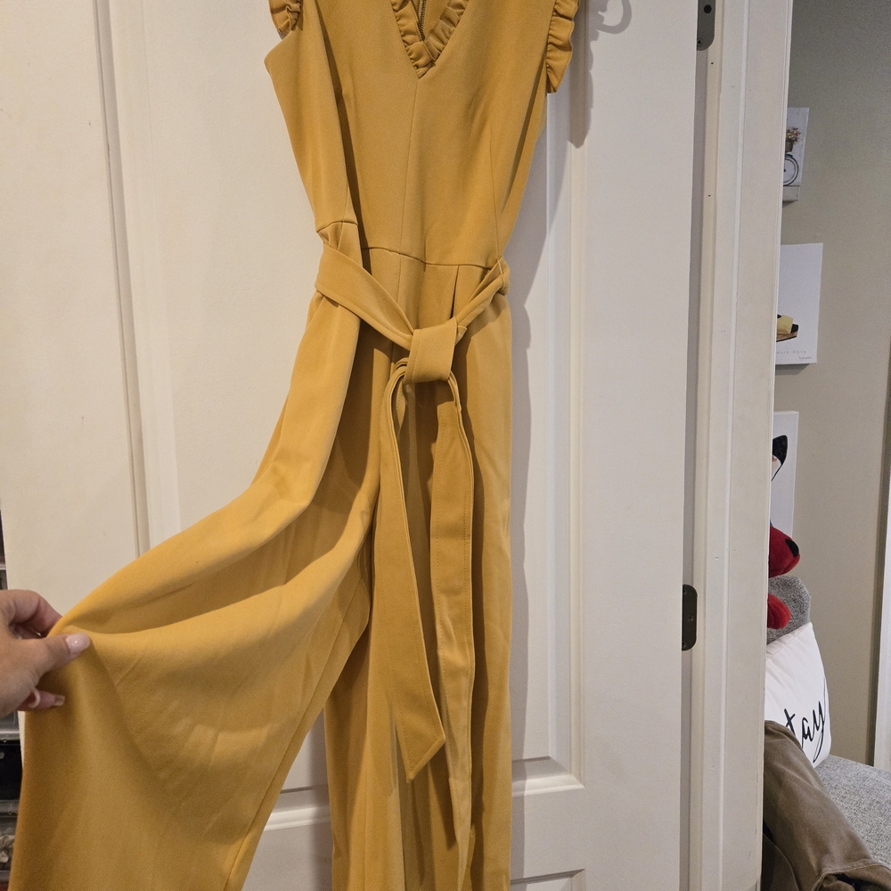 Calvin Klein Mustard Yellow Ruffle V-Neck Jumpsuit